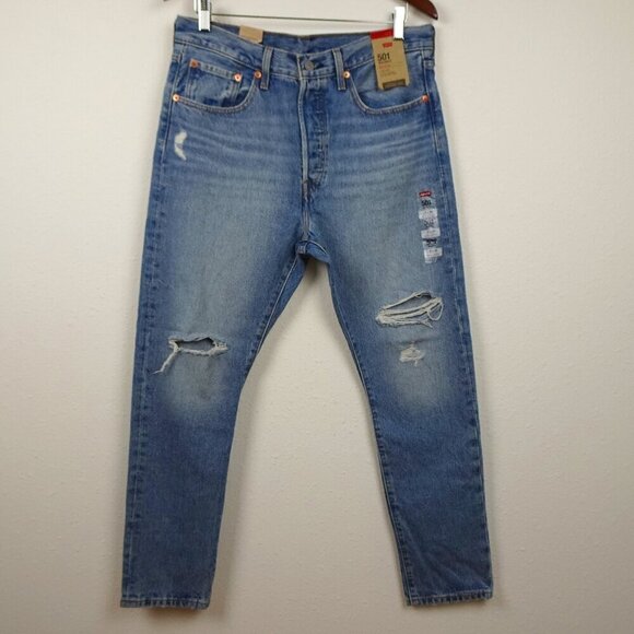 Levi's 501 Skinny Jeans Women's Size 31x28 Blue Denim Button Fly Distressed - Picture 1 of 13